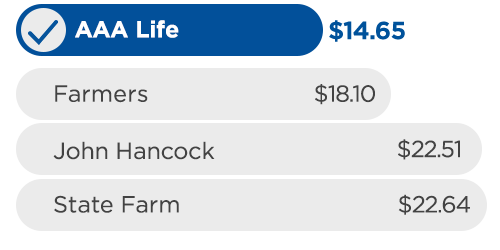 Chart showing cost comparison, AAA Life is cheapest at $14.65